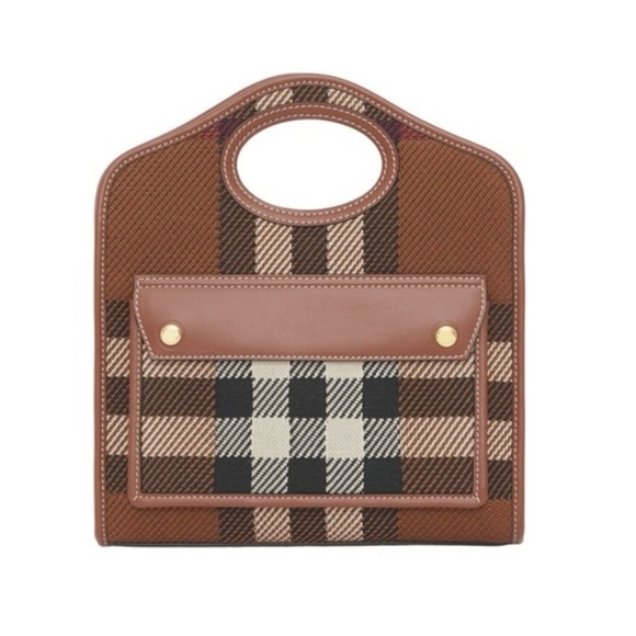 BURBERRY Mini Pocket Bag Knitted Check and Leather- Dark Birch Brown - Picture 1 of 11